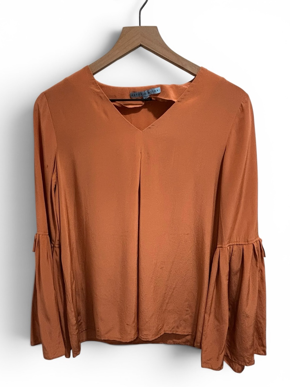 Antonio Melanie Rust Orange Long Flounce Bell Sleeve V-Neck Silk Blouse Size XS